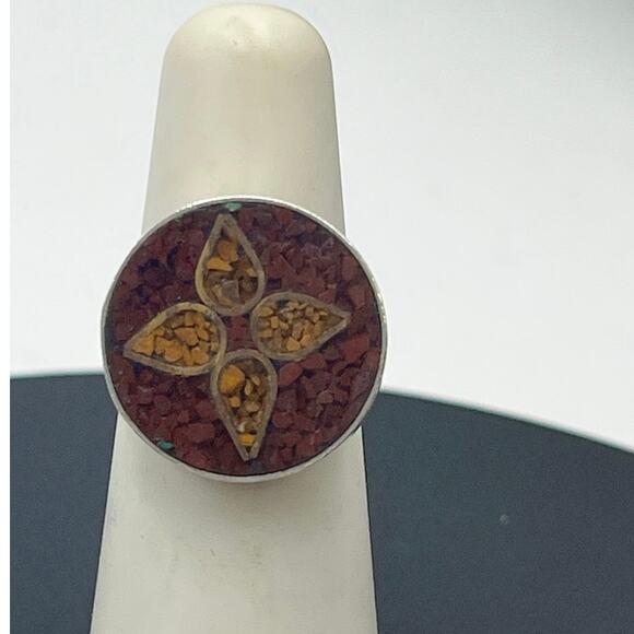 Taxco Mexico Vintage Designer Signed Round Inlay Shell Stone Sterling Ring 6.5 - Picture 1 of 10